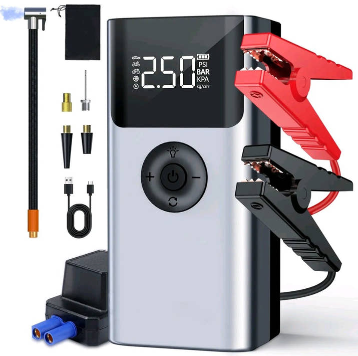 Don’t Get Stranded! 🚨 4-in-1 Jump Starter + Tire Pump + Power Bank + LED — 7500A SuperBoost