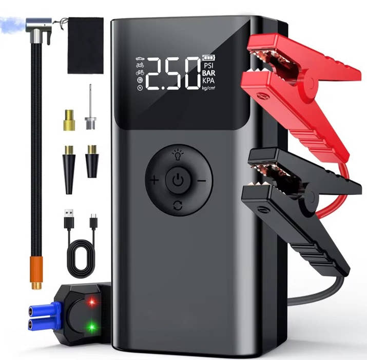Don’t Get Stranded! 🚨 4-in-1 Jump Starter + Tire Pump + Power Bank + LED — 7500A SuperBoost