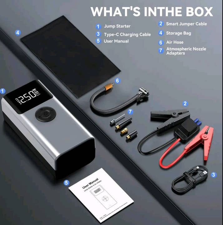 Don’t Get Stranded! 🚨 4-in-1 Jump Starter + Tire Pump + Power Bank + LED — 7500A SuperBoost