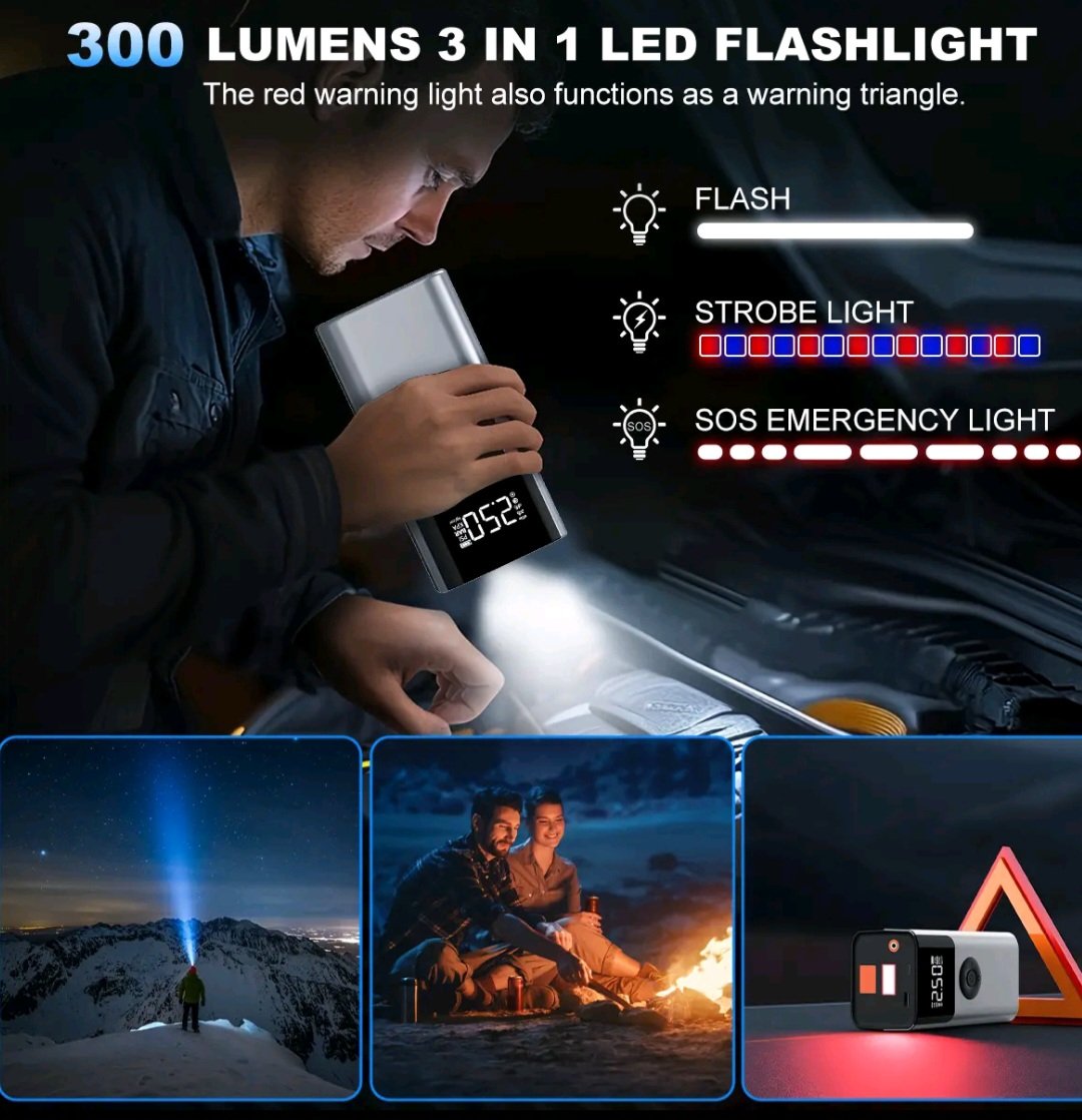 Don’t Get Stranded! 🚨 4-in-1 Jump Starter + Tire Pump + Power Bank + LED — 7500A SuperBoost